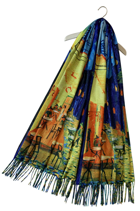 Van Gogh Terrace at Night Printed Wool Scarf Wrap Shawl Pashmina