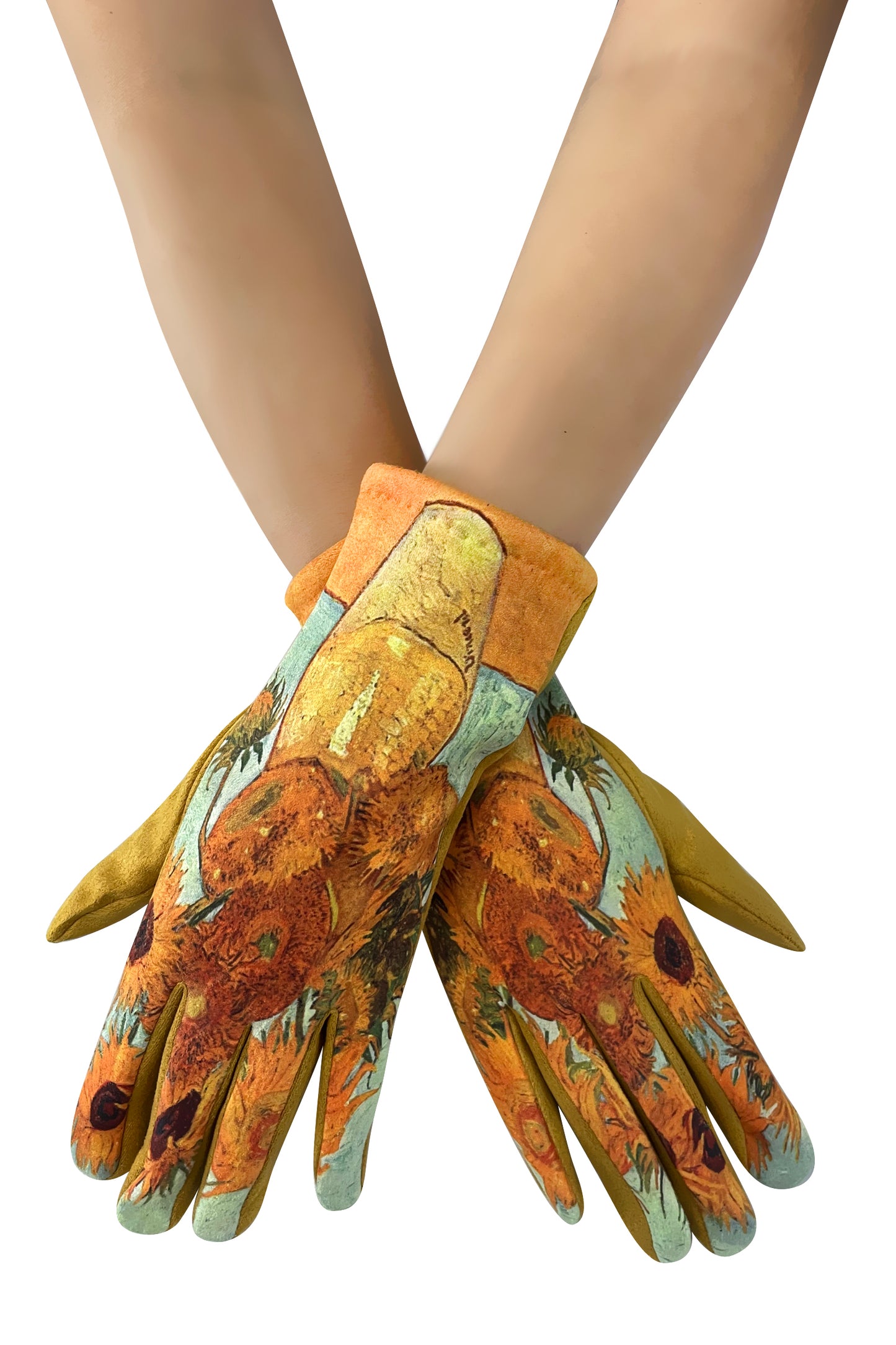 Van Gogh Sunflower Print Suede Effect Gloves with Touch Screen Fingertip