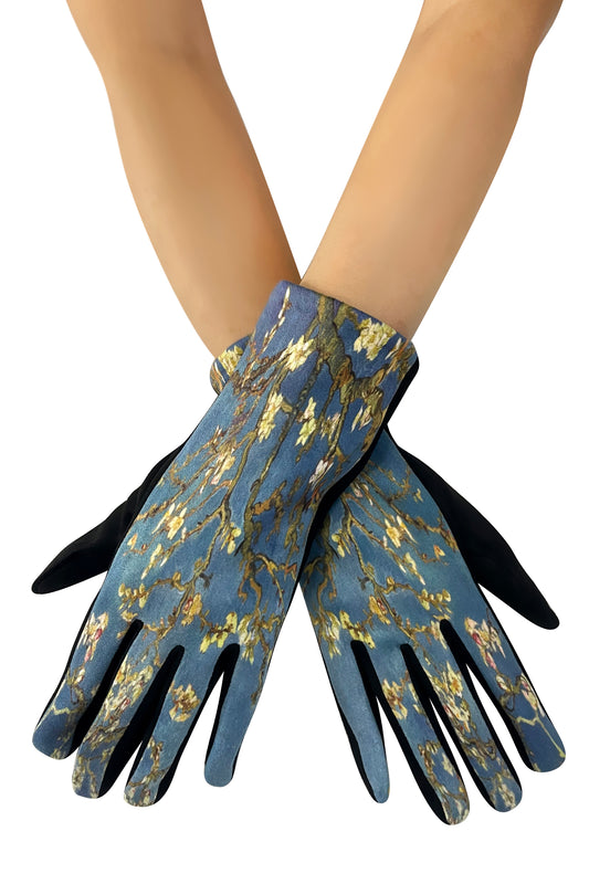 Van Gogh Almond Blossom Print Gloves Suede Effect with Touch Screen Fingertip