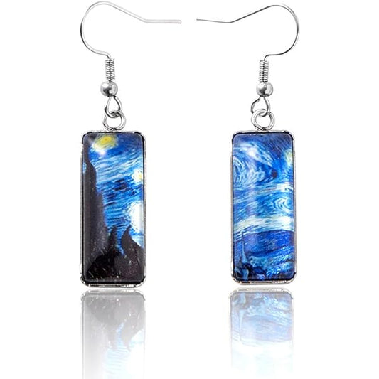 Van Gogh Starry Night Silver Rectangle Drop Earrings