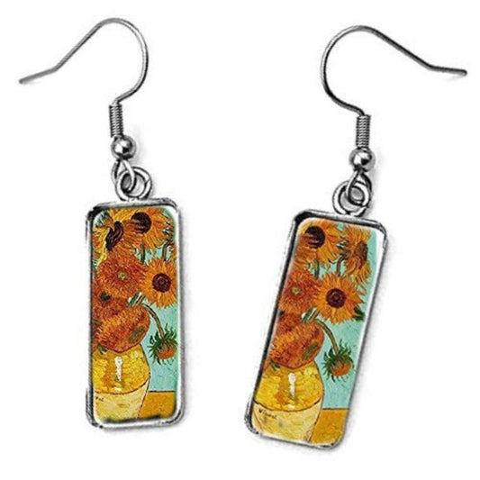 Van Gogh Sunflower Silver Rectangle Drop Earrings