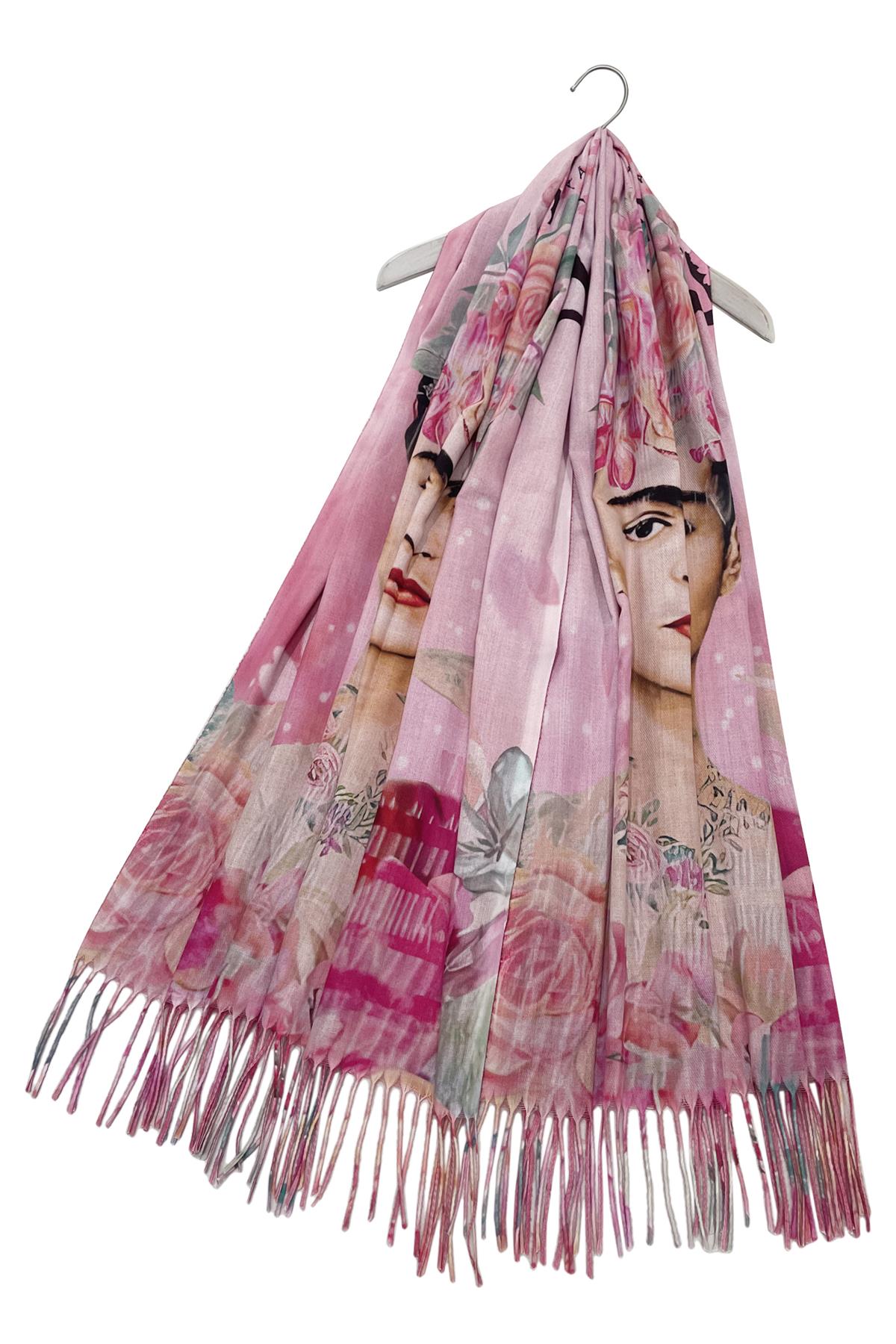 Frida Kahlo Pink Cashmere Tassel Scarf Shawl Wrap Pashmina Art Design