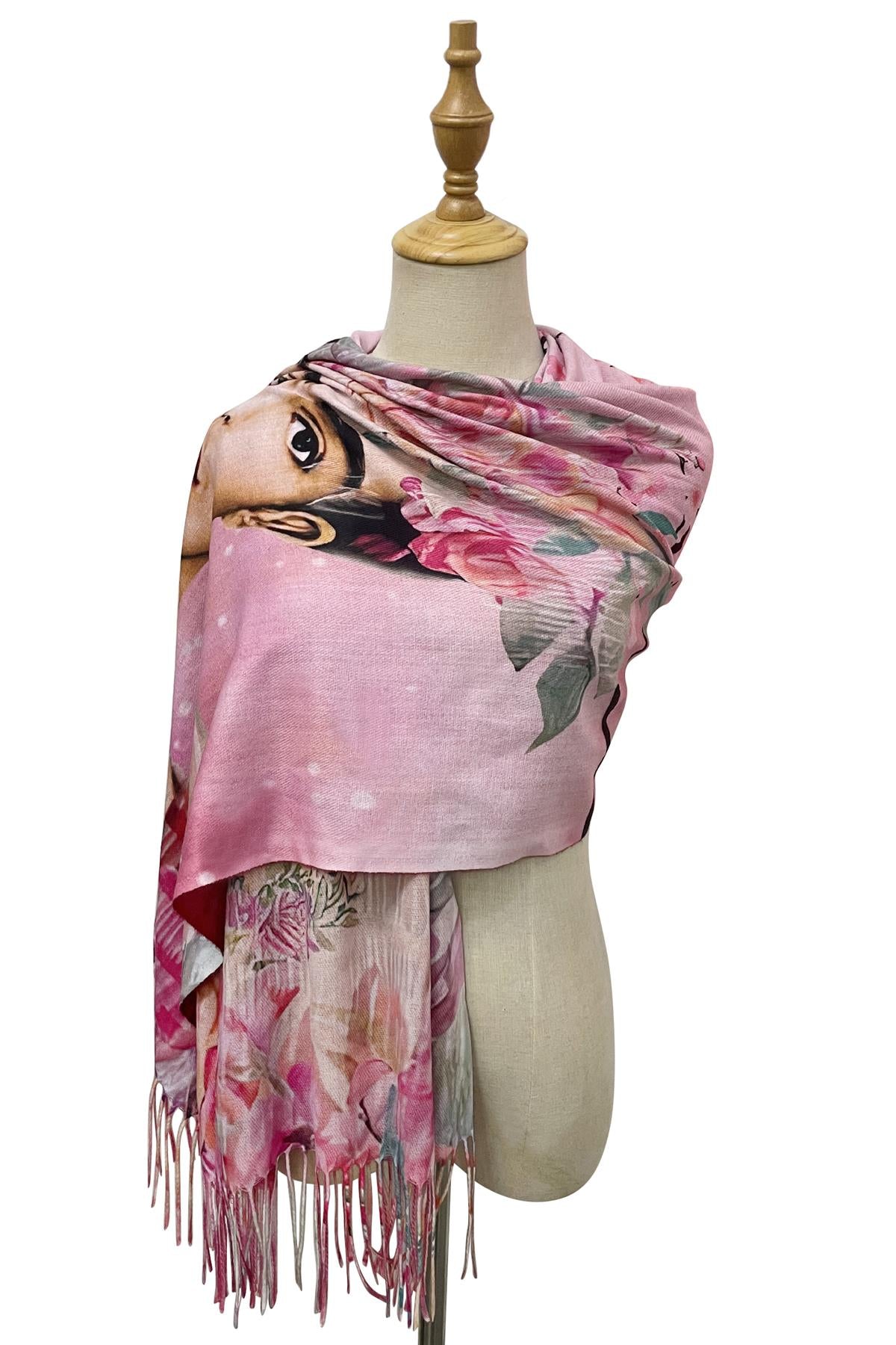 Frida Kahlo Pink Cashmere Tassel Scarf Shawl Wrap Pashmina Art Design